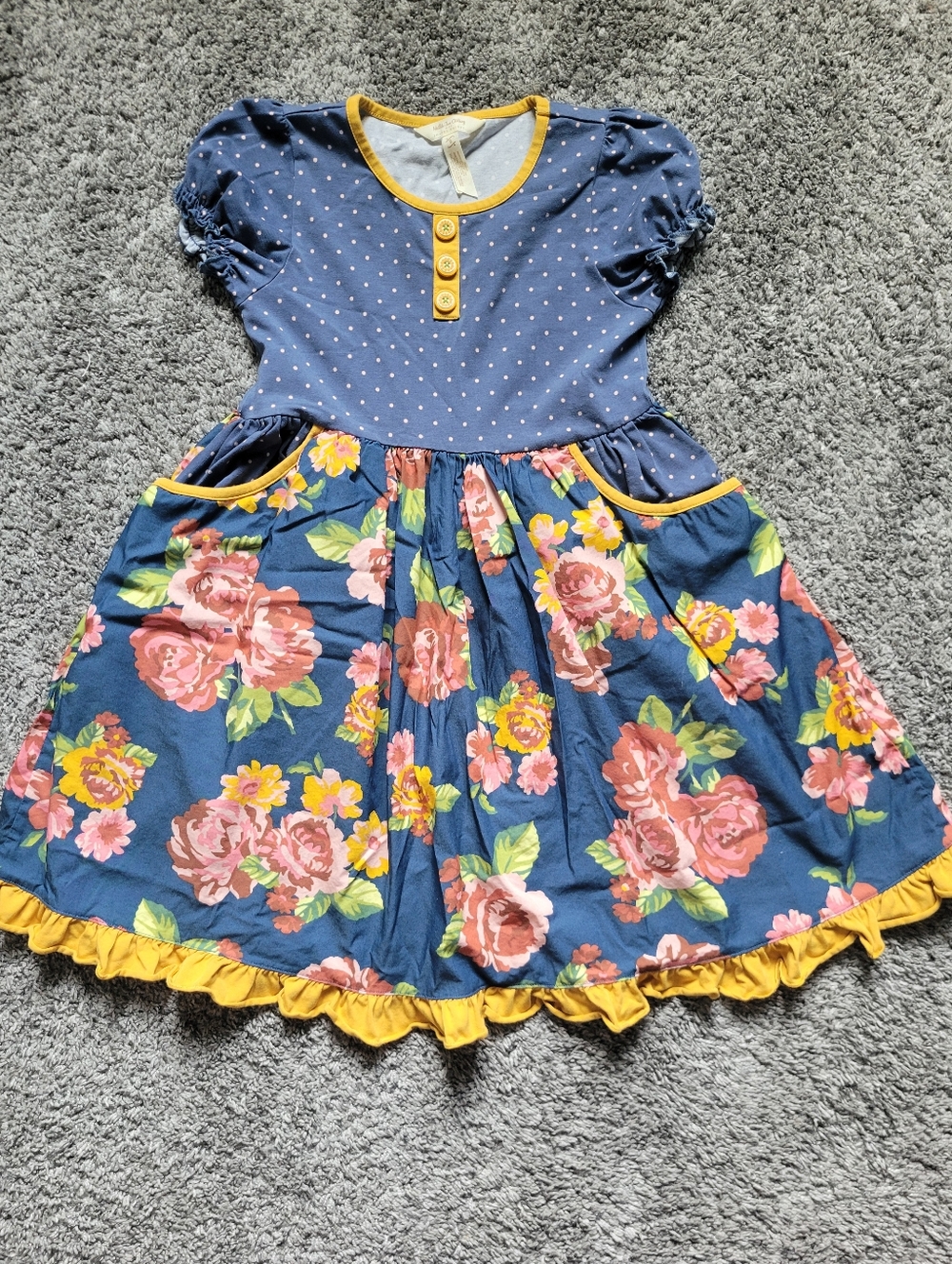 Matilda Jane Girls Blue Floral Pocket Dress with Yellow Trim Size 8 Polka Dot